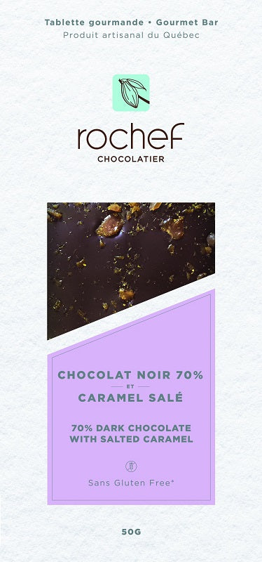 Gourmet dark chocolate bar with salted caramel 50g image