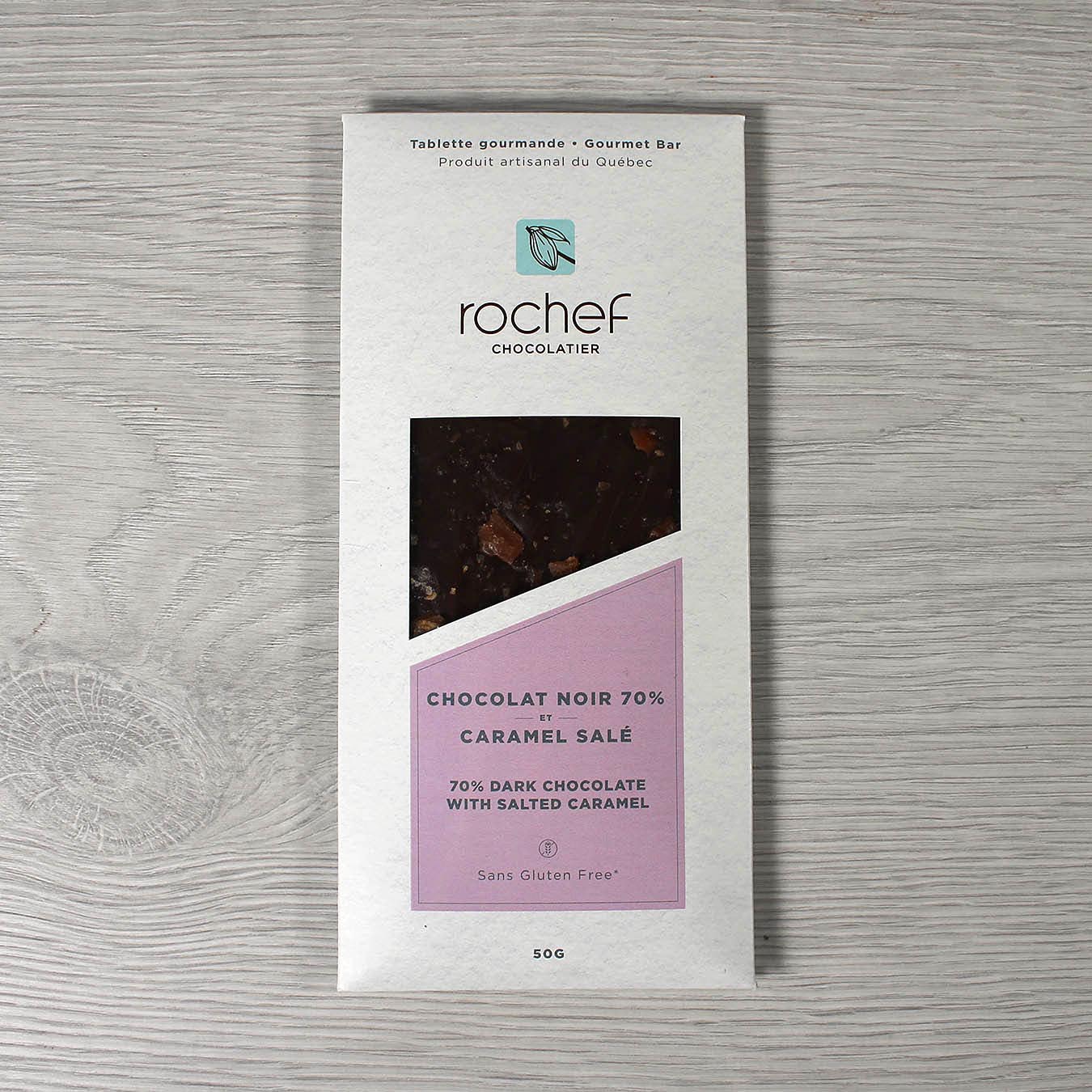 Gourmet dark chocolate bar with salted caramel 50g image